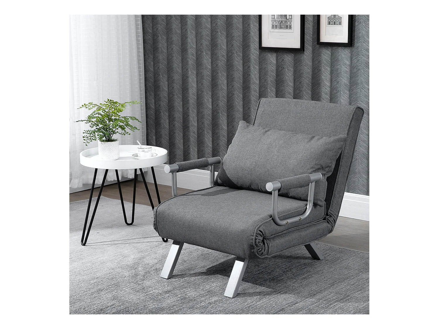 Fauteuil chauffeuse canapé-lit convertible 1 place déhoussable grand confort coussin pieds accoudoirs métal lin gris clair