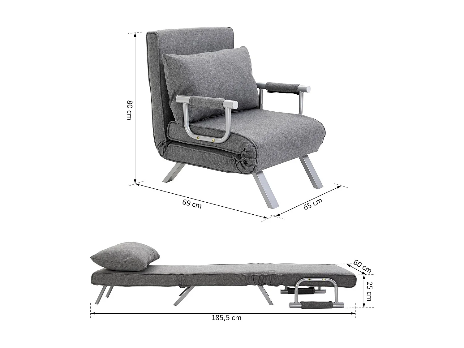 Fauteuil chauffeuse canapé-lit convertible 1 place déhoussable grand confort coussin pieds accoudoirs métal lin gris clair