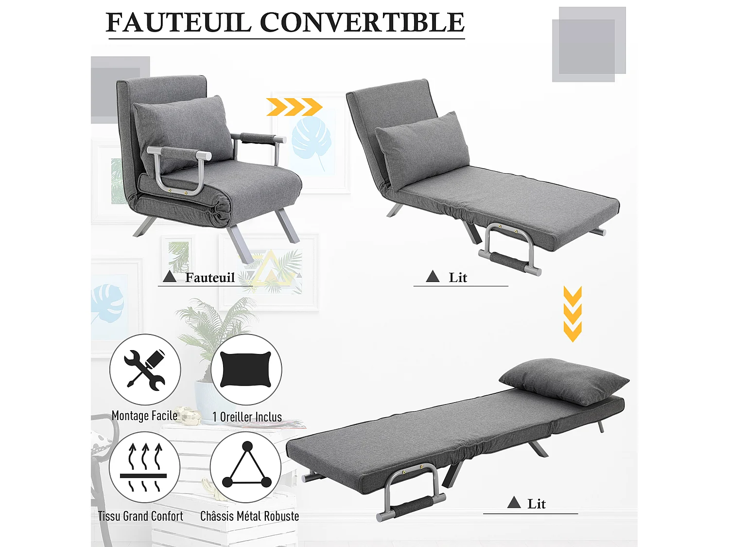 Fauteuil chauffeuse canapé-lit convertible 1 place déhoussable grand confort coussin pieds accoudoirs métal lin gris clair