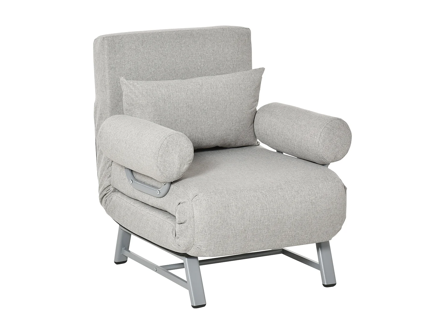 Fauteuil chauffeuse canapé-lit convertible inclinable 1 place grand confort coussin lombaires accoudoirs piètement métal lin gris clair