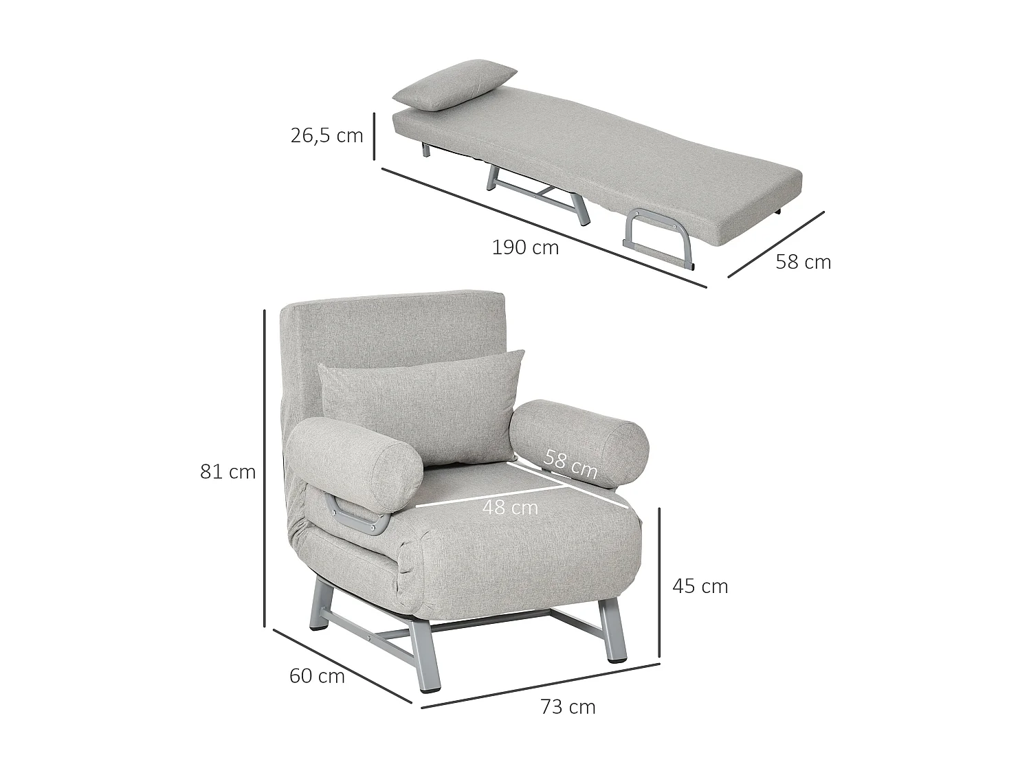 Fauteuil chauffeuse canapé-lit convertible inclinable 1 place grand confort coussin lombaires accoudoirs piètement métal lin gris clair