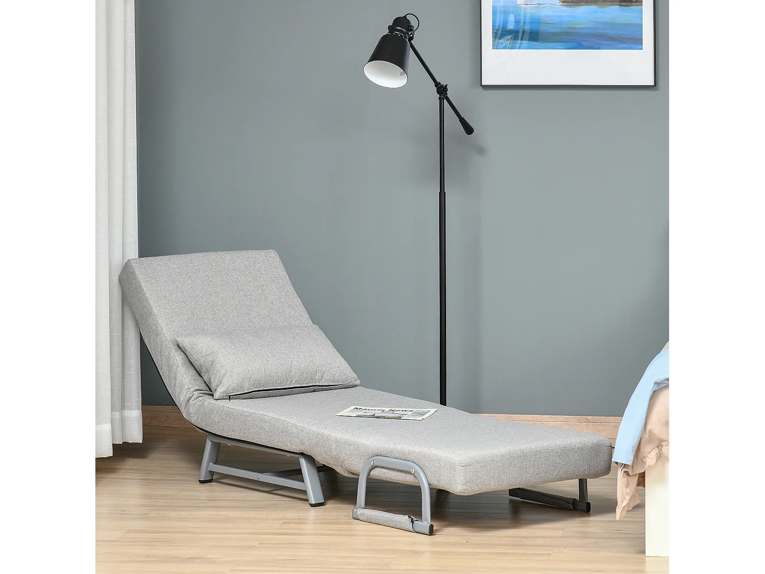 Fauteuil chauffeuse canapé-lit convertible inclinable 1 place grand confort coussin lombaires accoudoirs piètement métal lin gris clair