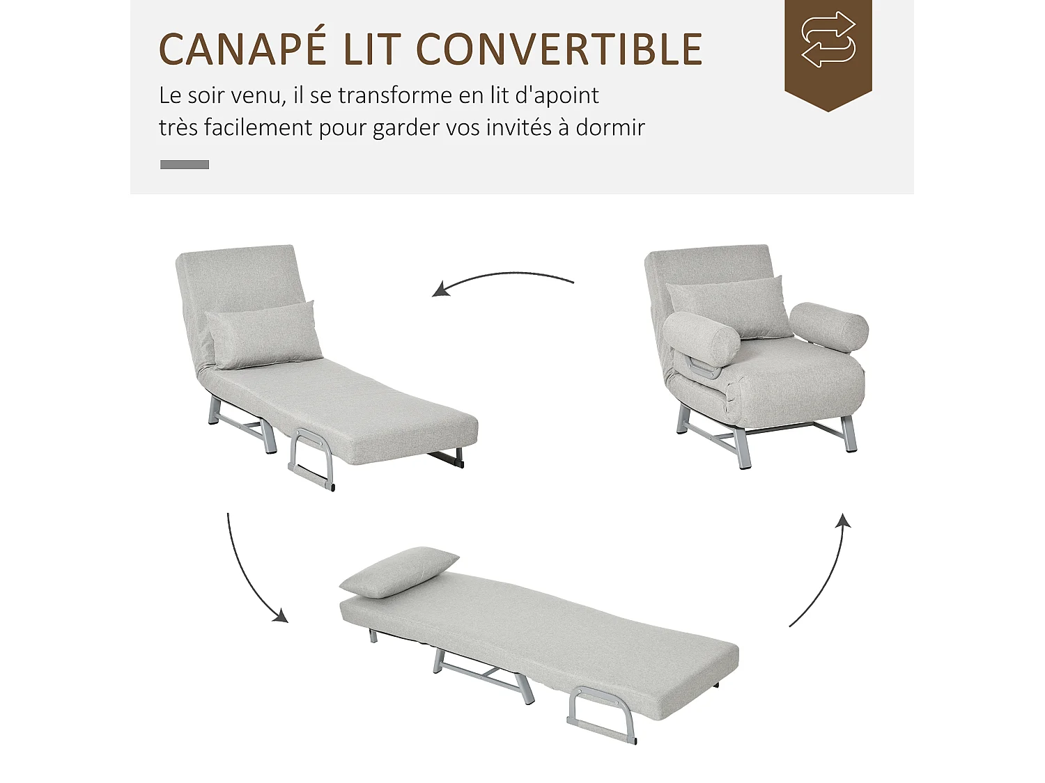 Fauteuil chauffeuse canapé-lit convertible inclinable 1 place grand confort coussin lombaires accoudoirs piètement métal lin gris clair