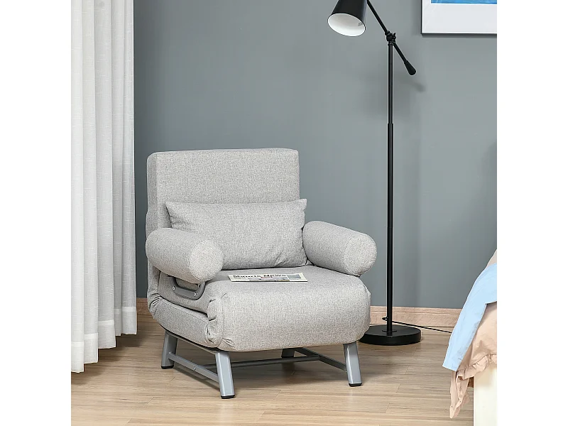 Fauteuil chauffeuse canapé-lit convertible inclinable 1 place grand confort coussin lombaires accoudoirs piètement métal lin gris clair