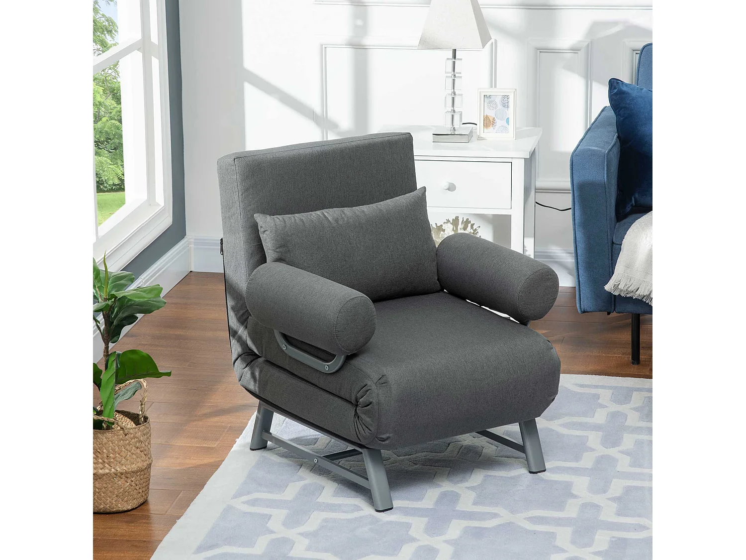 Fauteuil chauffeuse canapé-lit convertible inclinable 1 place grand confort coussin lombaires accoudoirs piètement métal lin gris foncé