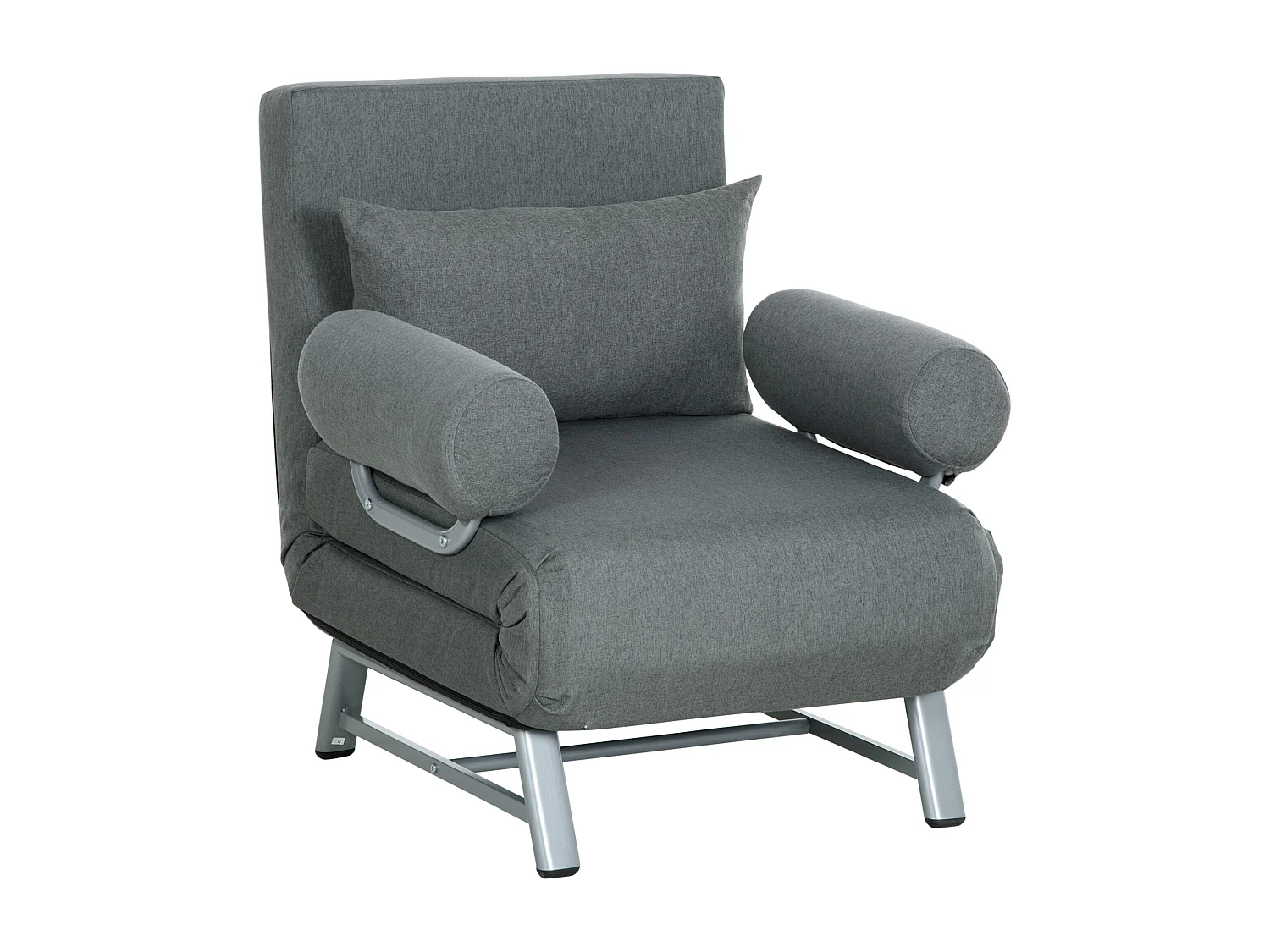 Fauteuil chauffeuse canapé-lit convertible inclinable 1 place grand confort coussin lombaires accoudoirs piètement métal lin gris foncé