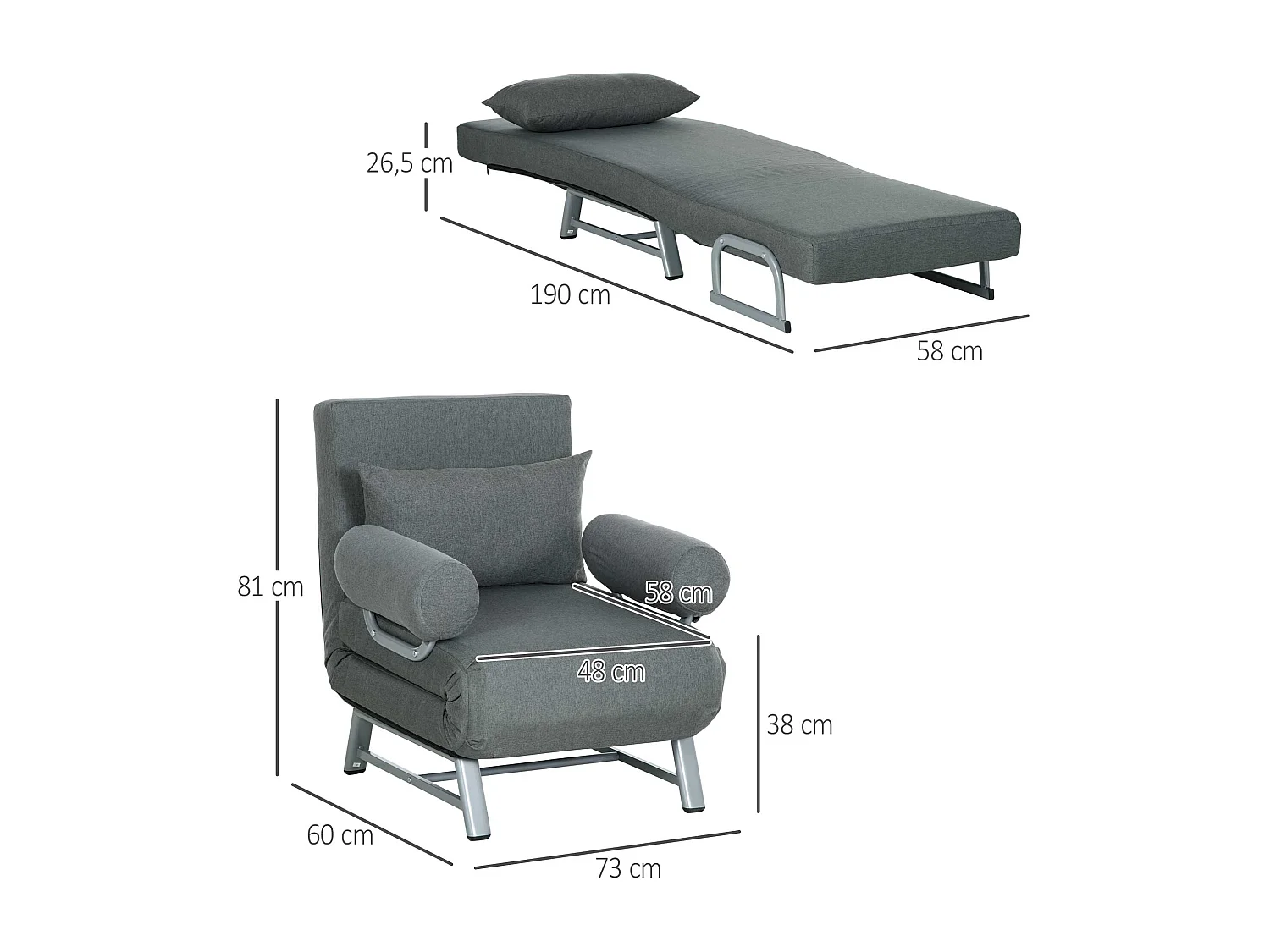 Fauteuil chauffeuse canapé-lit convertible inclinable 1 place grand confort coussin lombaires accoudoirs piètement métal lin gris foncé