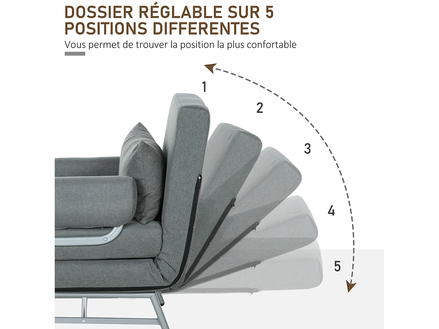 Fauteuil chauffeuse canapé-lit convertible inclinable 1 place grand confort coussin lombaires accoudoirs piètement métal lin gris foncé