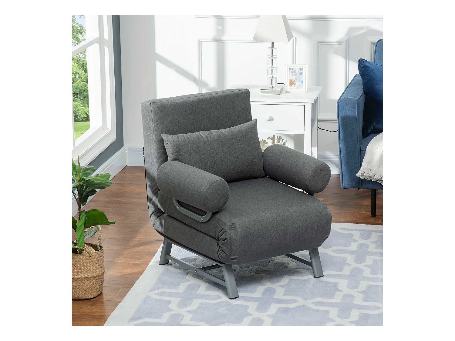 Fauteuil chauffeuse canapé-lit convertible inclinable 1 place grand confort coussin lombaires accoudoirs piètement métal lin gris foncé