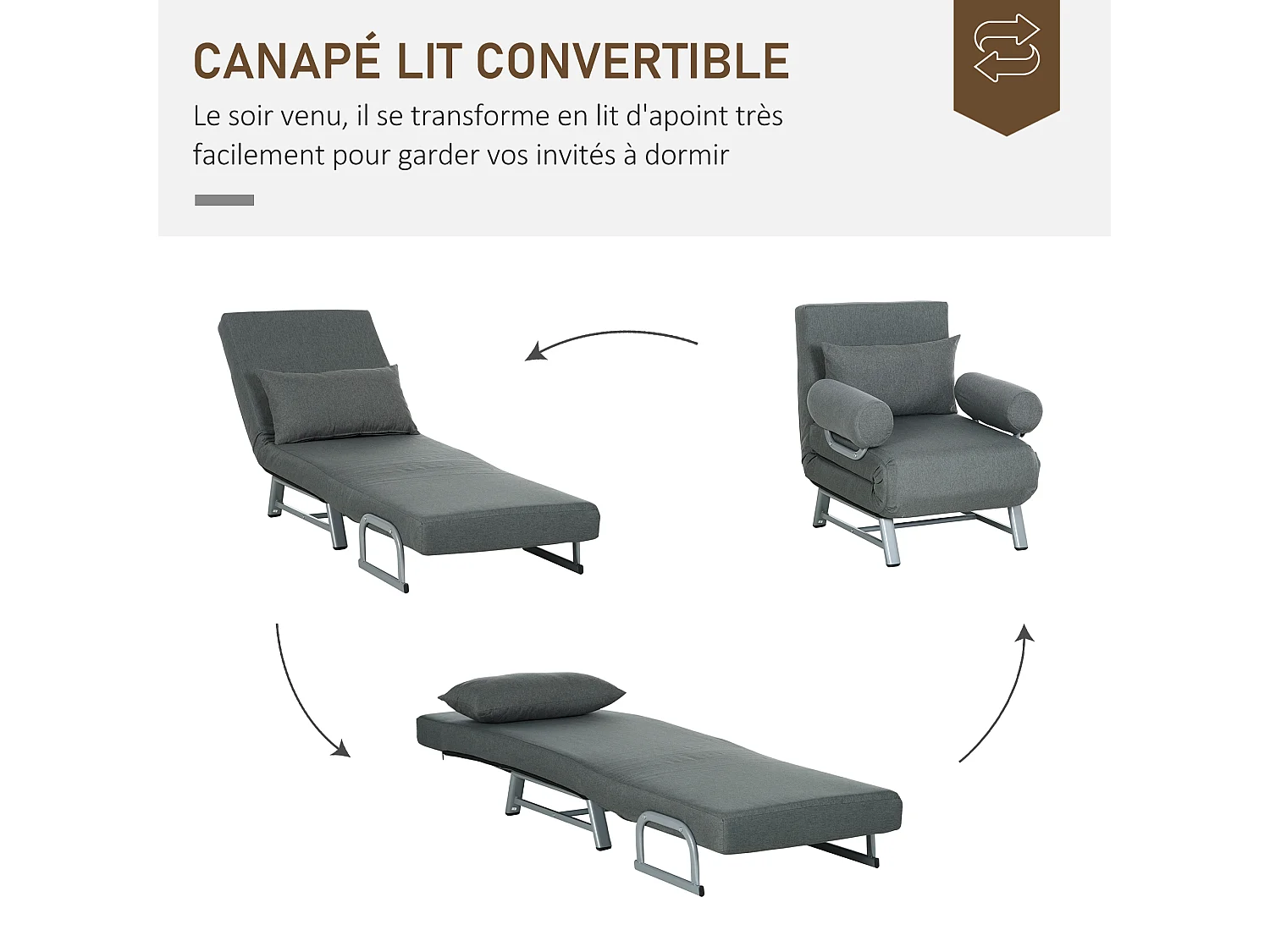 Fauteuil chauffeuse canapé-lit convertible inclinable 1 place grand confort coussin lombaires accoudoirs piètement métal lin gris foncé