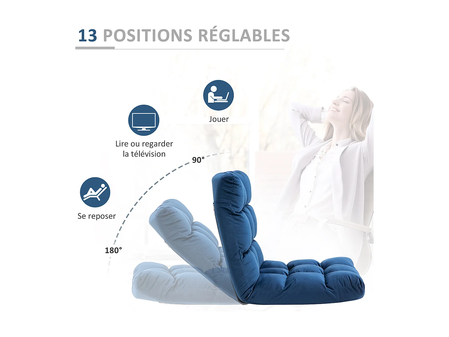 Fauteuil convertible fauteuil paresseux grand confort inclinaison dossier multipositions 90°-180° flanelle polyester capitonné bleu roi