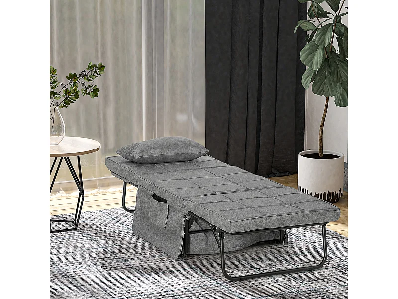 Fauteuil relax canapé pouf lit d'appoint 4 en 1 dossier inclinable 5 niveaux repose-pied rabattable châssis acier noir polyester gris