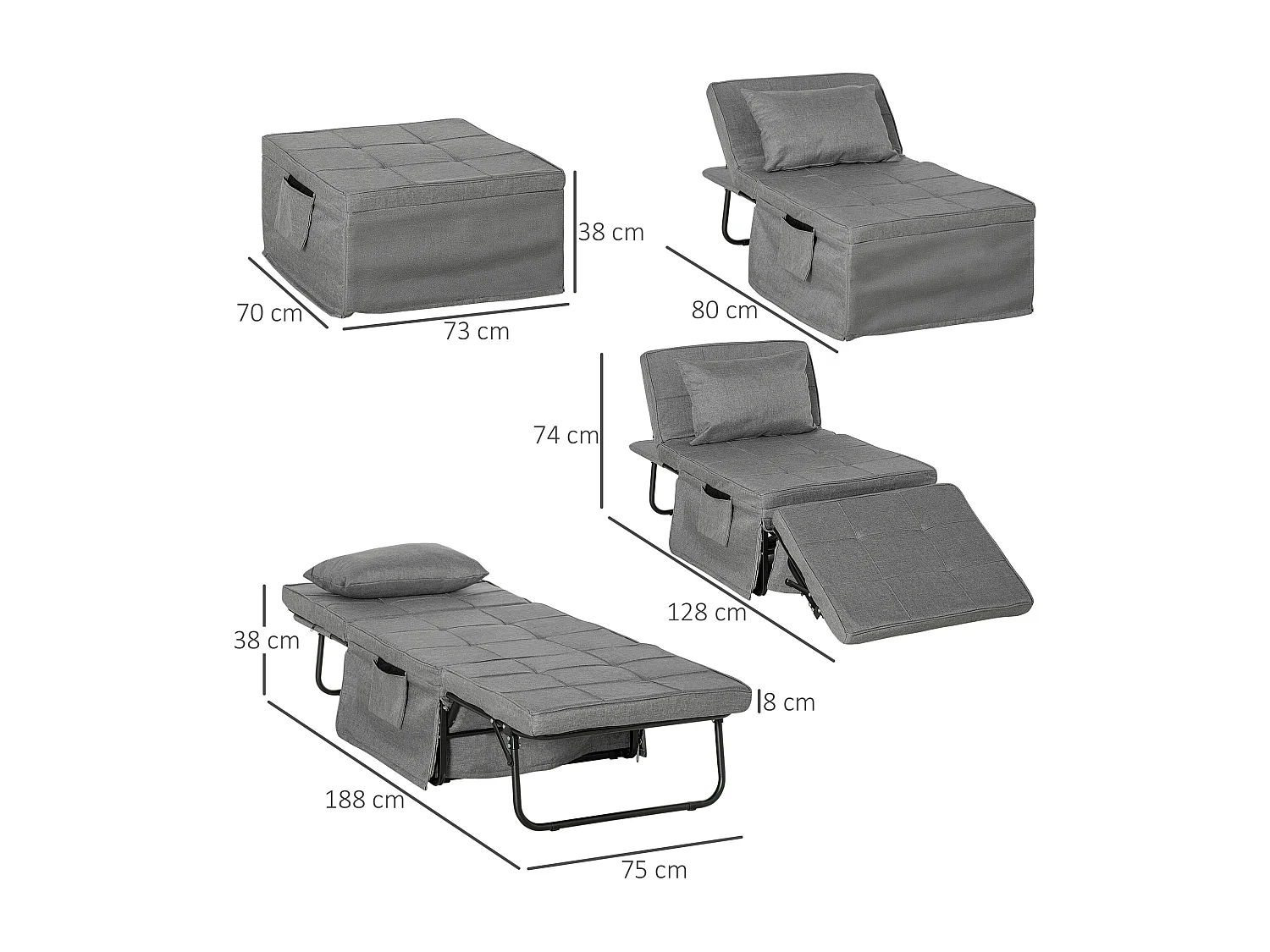 Fauteuil relax canapé pouf lit d'appoint 4 en 1 dossier inclinable 5 niveaux repose-pied rabattable châssis acier noir polyester gris