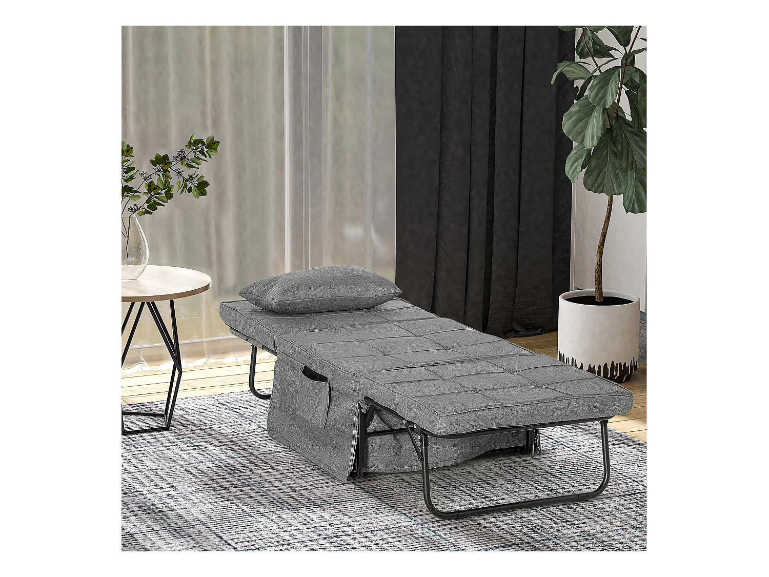 Fauteuil relax canapé pouf lit d'appoint 4 en 1 dossier inclinable 5 niveaux repose-pied rabattable châssis acier noir polyester gris