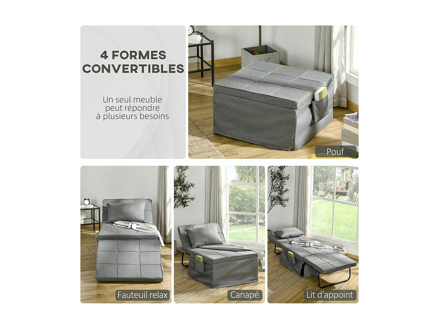 Fauteuil relax canapé pouf lit d'appoint 4 en 1 dossier inclinable 5 niveaux repose-pied rabattable châssis acier noir polyester gris