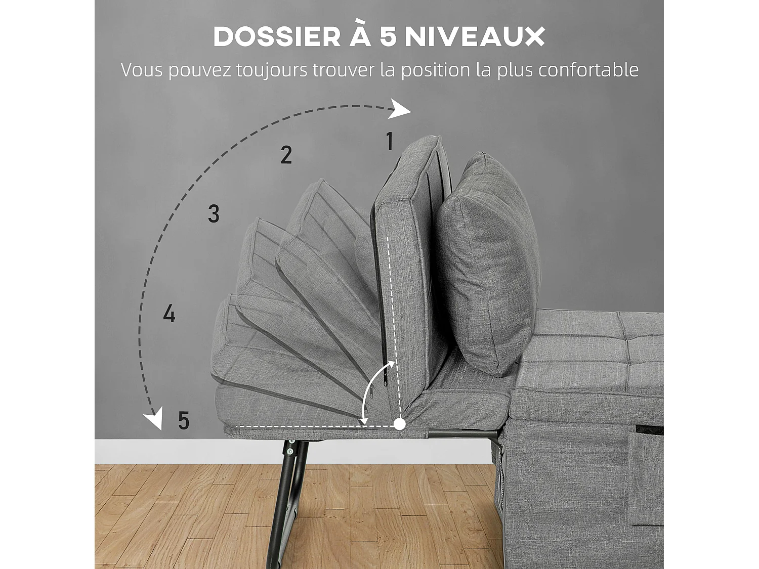 Fauteuil relax canapé pouf lit d'appoint 4 en 1 dossier inclinable 5 niveaux repose-pied rabattable châssis acier noir polyester gris
