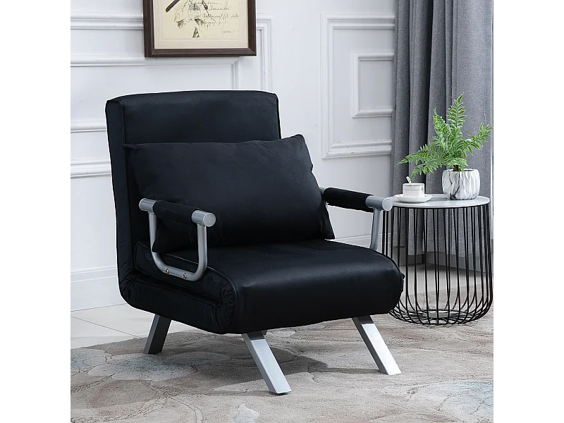 Fauteuil chauffeuse canapé-lit convertible 1 place déhoussable grand confort coussin pieds accoudoirs métal suède noir