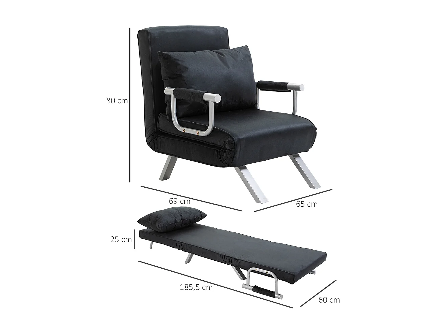 Fauteuil chauffeuse canapé-lit convertible 1 place déhoussable grand confort coussin pieds accoudoirs métal suède noir