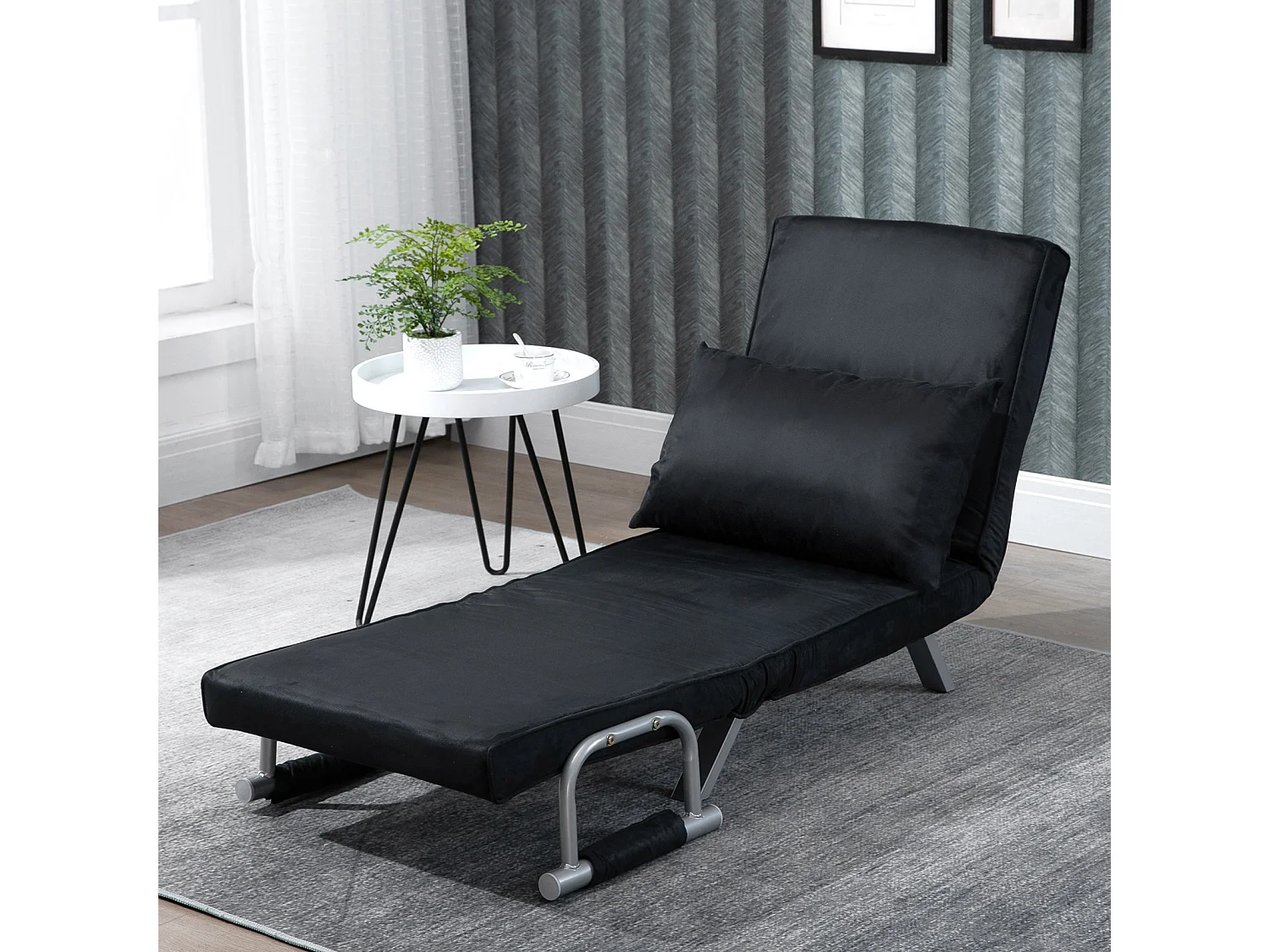 Fauteuil chauffeuse canapé-lit convertible 1 place déhoussable grand confort coussin pieds accoudoirs métal suède noir