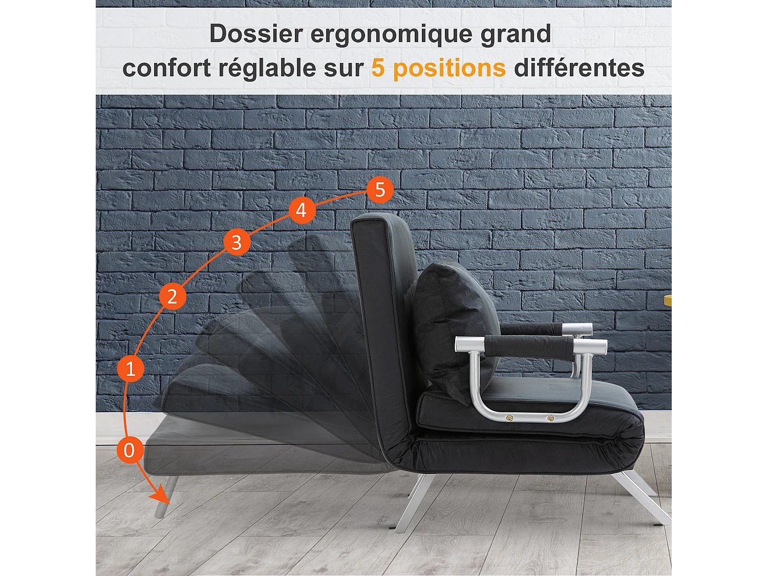 Fauteuil chauffeuse canapé-lit convertible 1 place déhoussable grand confort coussin pieds accoudoirs métal suède noir