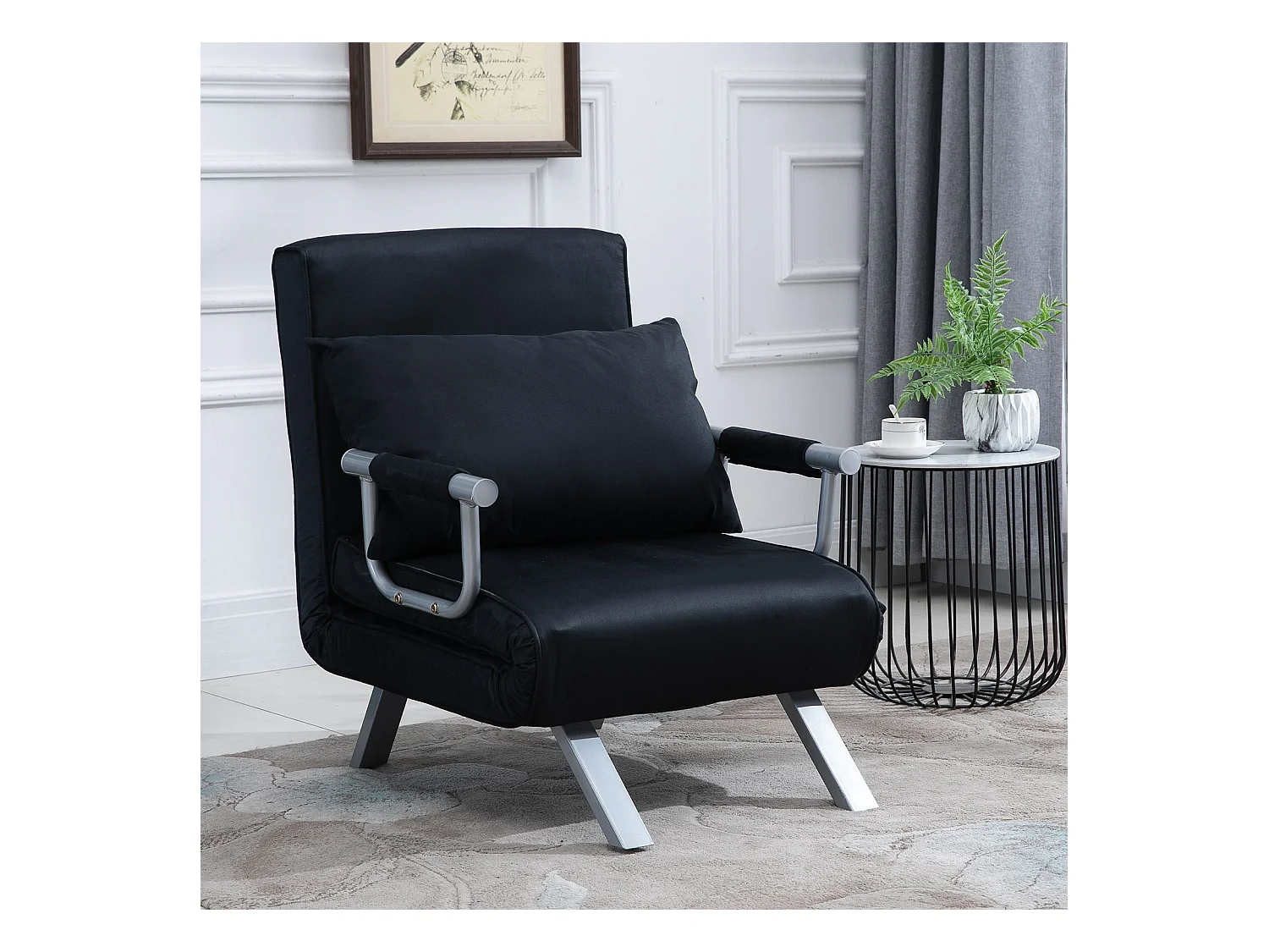 Fauteuil chauffeuse canapé-lit convertible 1 place déhoussable grand confort coussin pieds accoudoirs métal suède noir