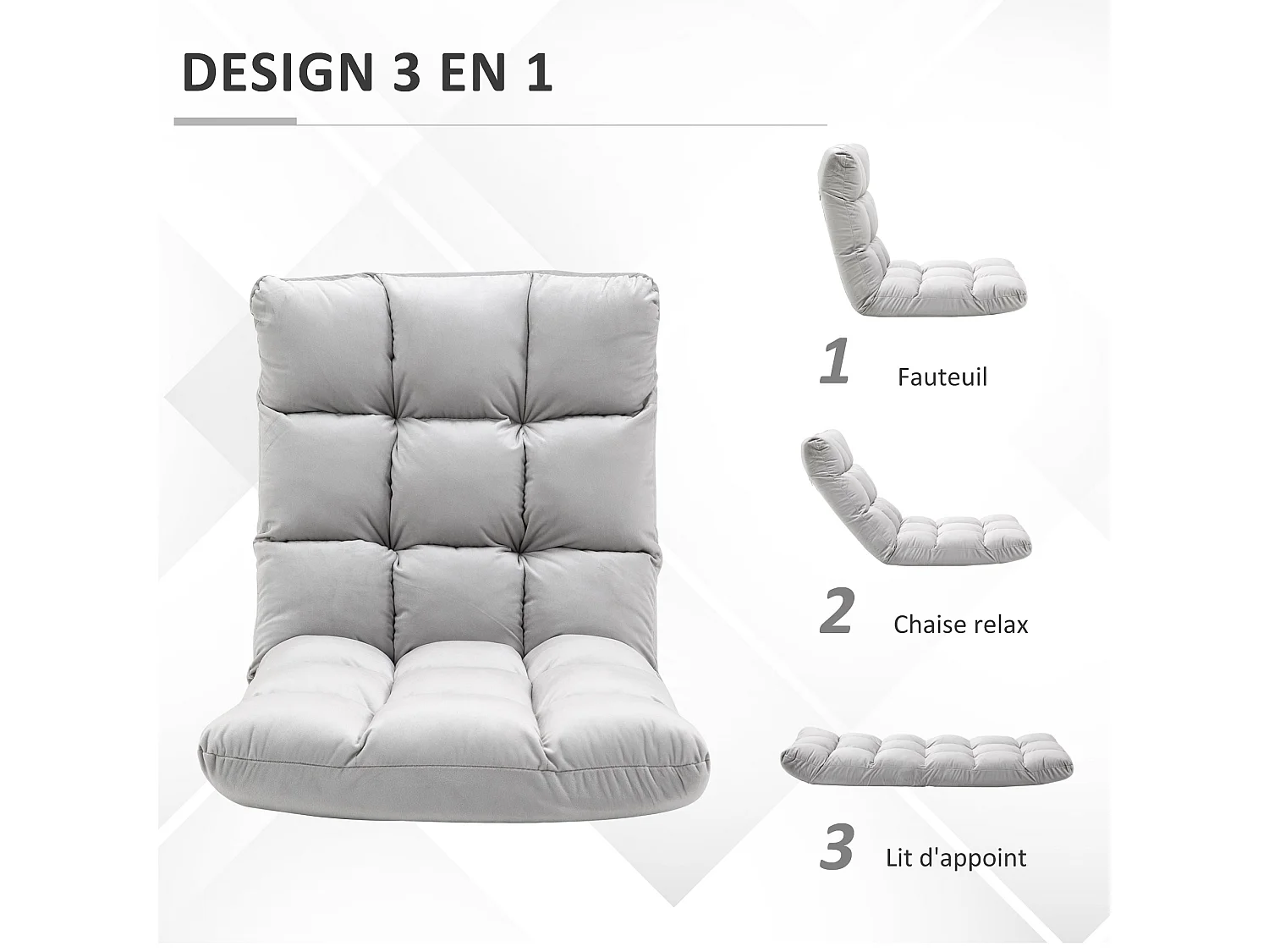 Fauteuil convertible fauteuil paresseux grand confort inclinaison dossier multipositions 90°-180° flanelle polyester capitonné gris clair