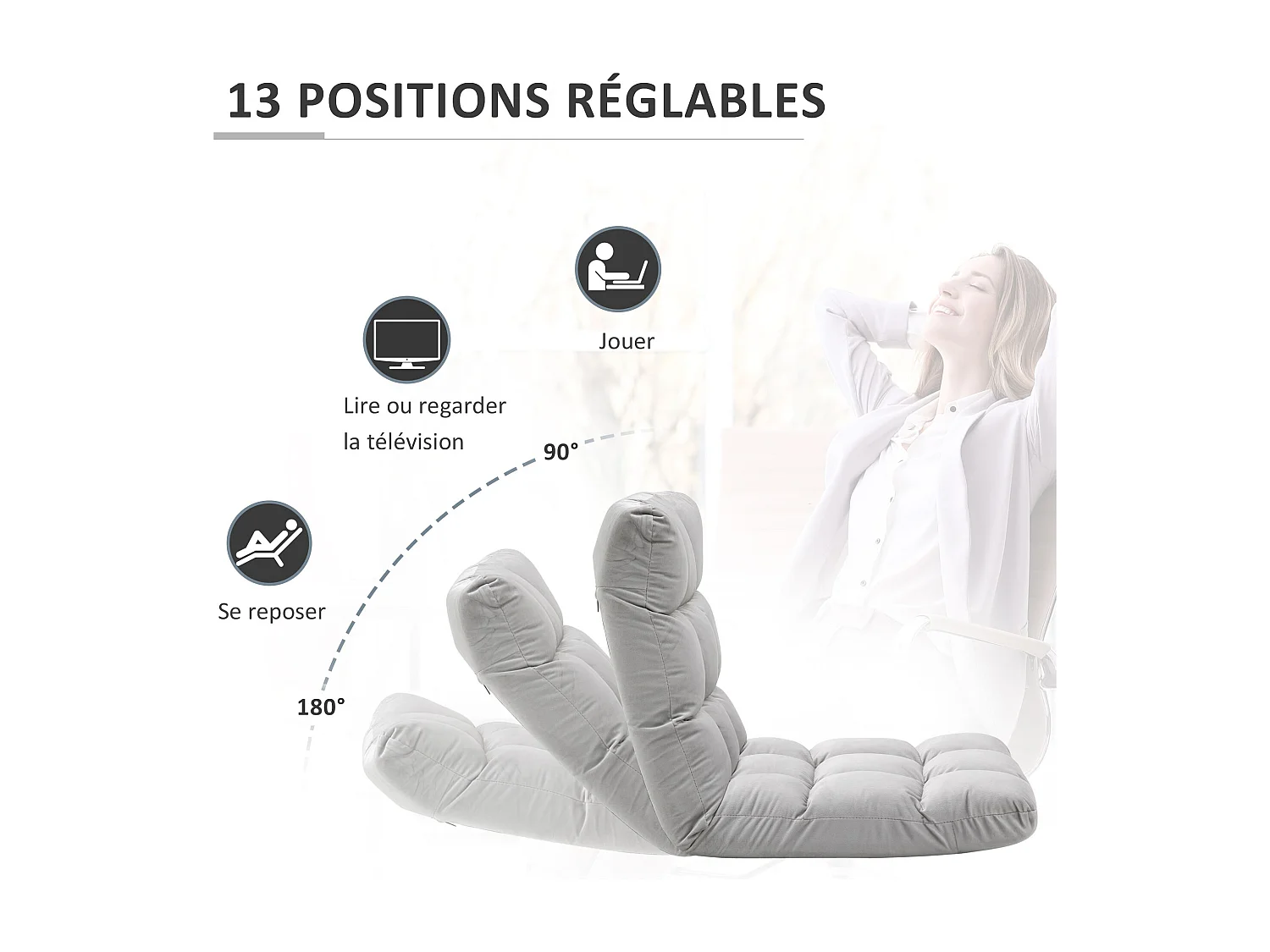 Fauteuil convertible fauteuil paresseux grand confort inclinaison dossier multipositions 90°-180° flanelle polyester capitonné gris clair