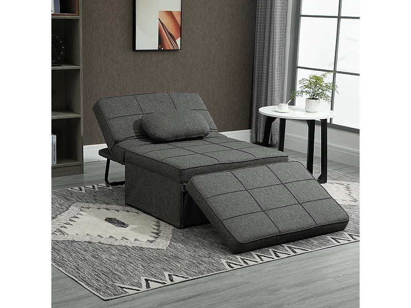 Fauteuil chauffeuse chaise longue pouf 3 en 1 dossier inclinable 5 niveaux repose-pied rabattable châssis métal noir lin gris
