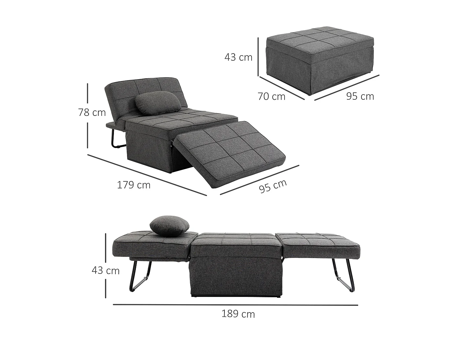 Fauteuil chauffeuse chaise longue pouf 3 en 1 dossier inclinable 5 niveaux repose-pied rabattable châssis métal noir lin gris