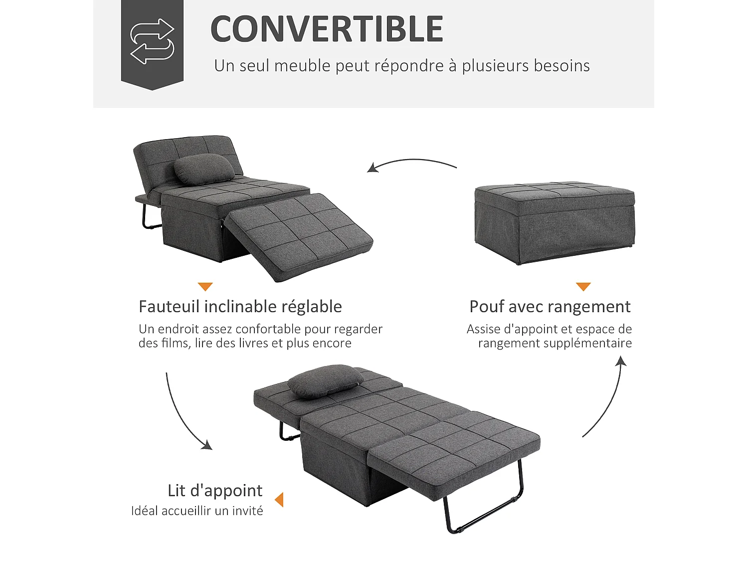 Fauteuil chauffeuse chaise longue pouf 3 en 1 dossier inclinable 5 niveaux repose-pied rabattable châssis métal noir lin gris