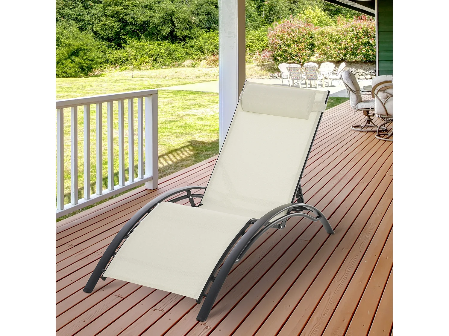 Bain de soleil transat design contemporain inclinable multi-positions tétière amovible incluse alu textilène beige