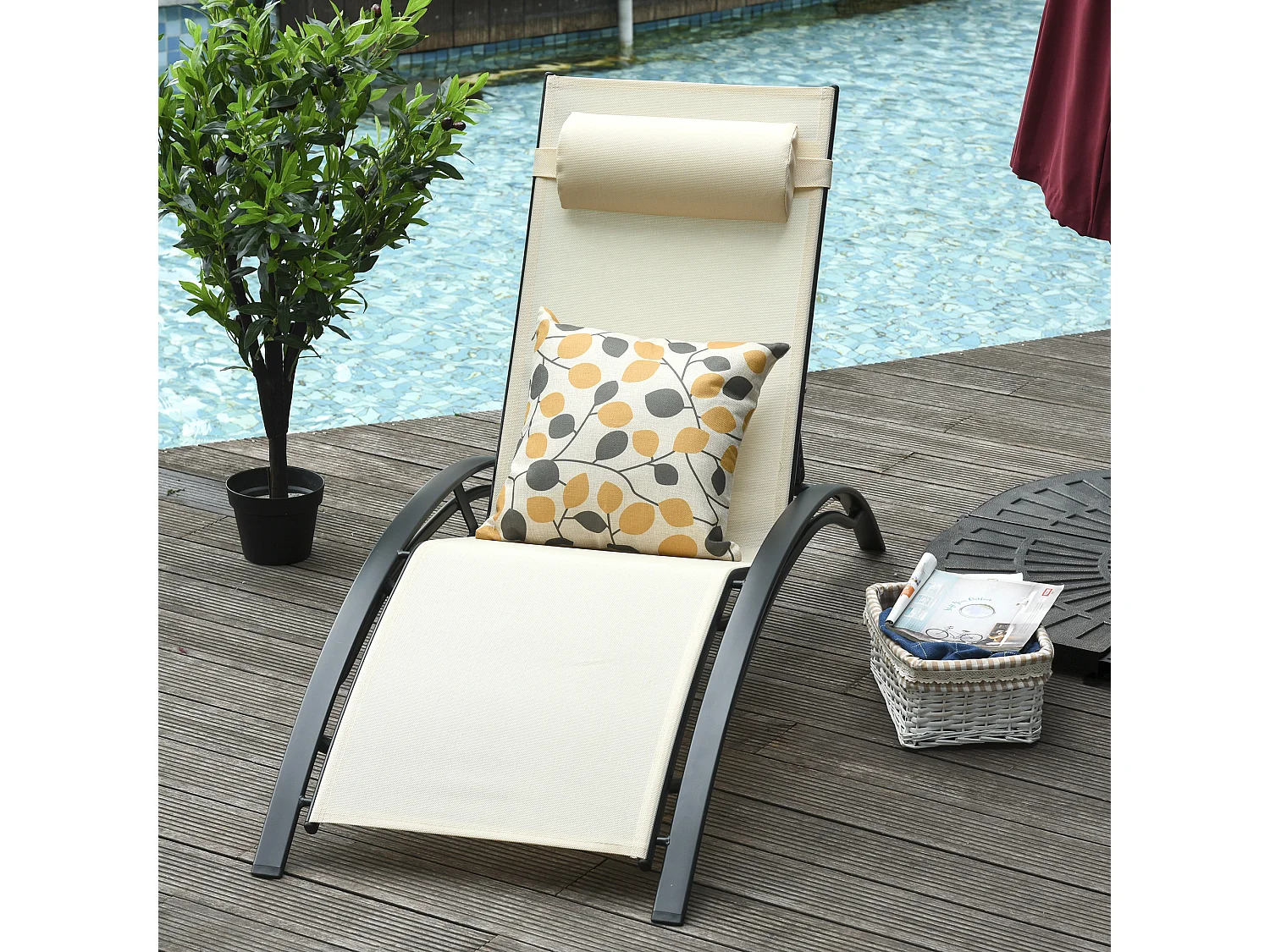 Bain de soleil transat design contemporain inclinable multi-positions tétière amovible incluse alu textilène beige