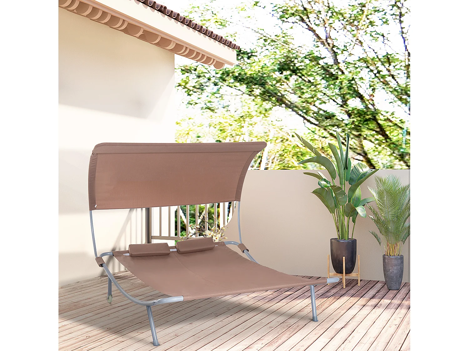 Bain de soleil 2 places lit de jardin design contemporain toit réglable 2 roulettes 2 oreillers acier époxy polyester marron
