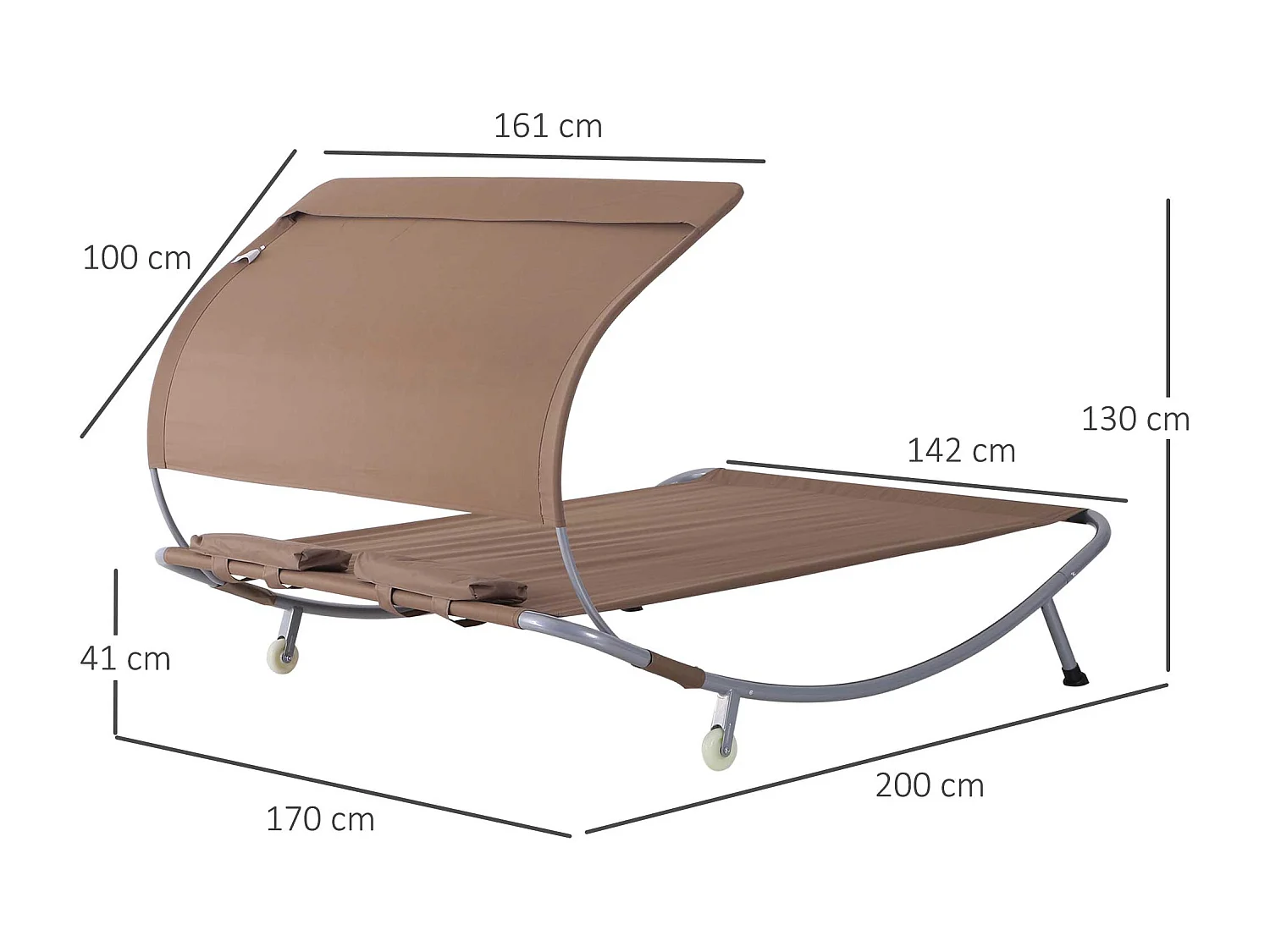 Bain de soleil 2 places lit de jardin design contemporain toit réglable 2 roulettes 2 oreillers acier époxy polyester marron