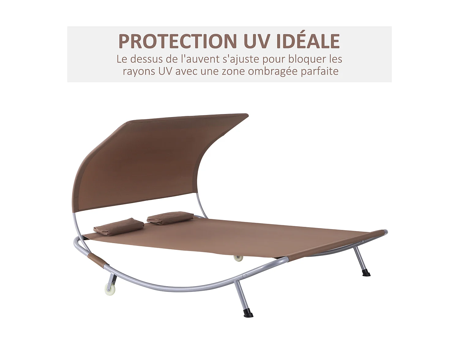 Bain de soleil 2 places lit de jardin design contemporain toit réglable 2 roulettes 2 oreillers acier époxy polyester marron
