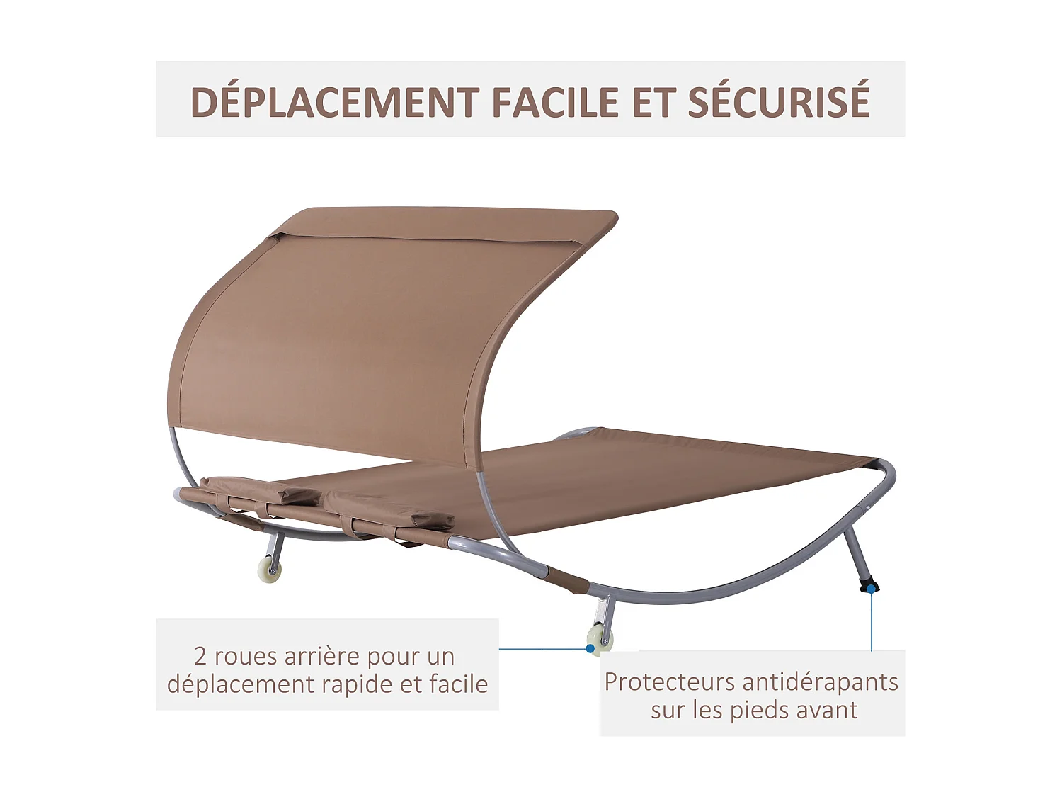 Bain de soleil 2 places lit de jardin design contemporain toit réglable 2 roulettes 2 oreillers acier époxy polyester marron