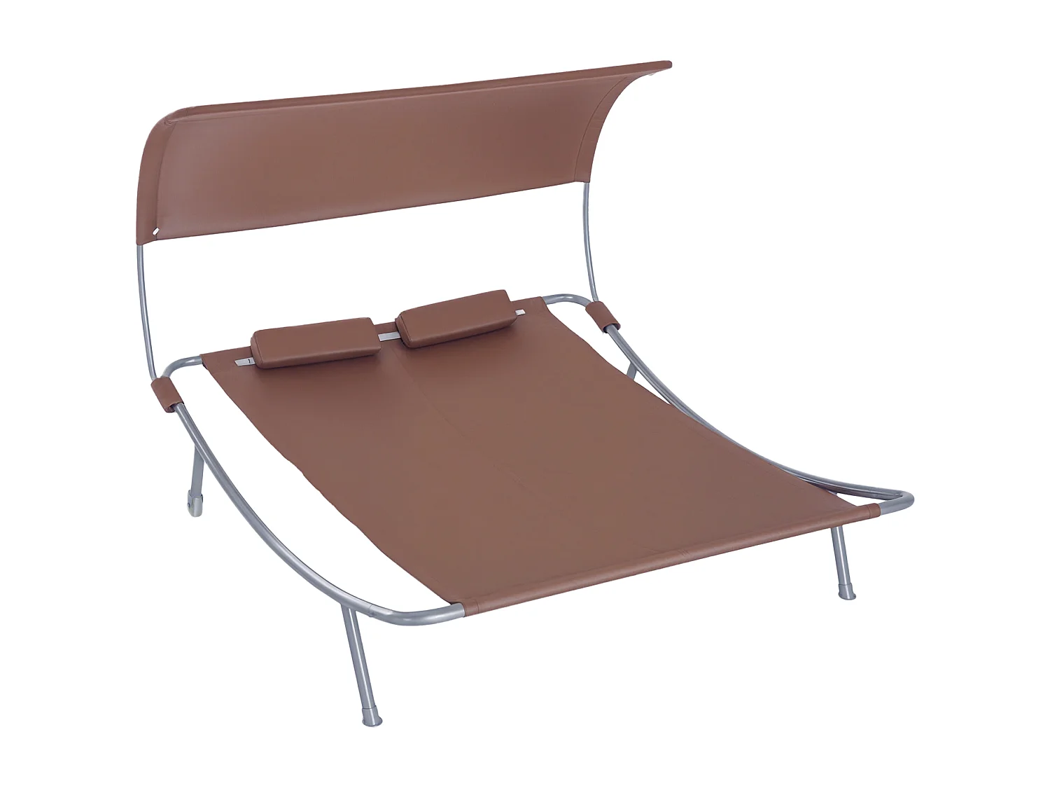 Bain de soleil 2 places lit de jardin design contemporain toit réglable 2 roulettes 2 oreillers acier époxy polyester marron