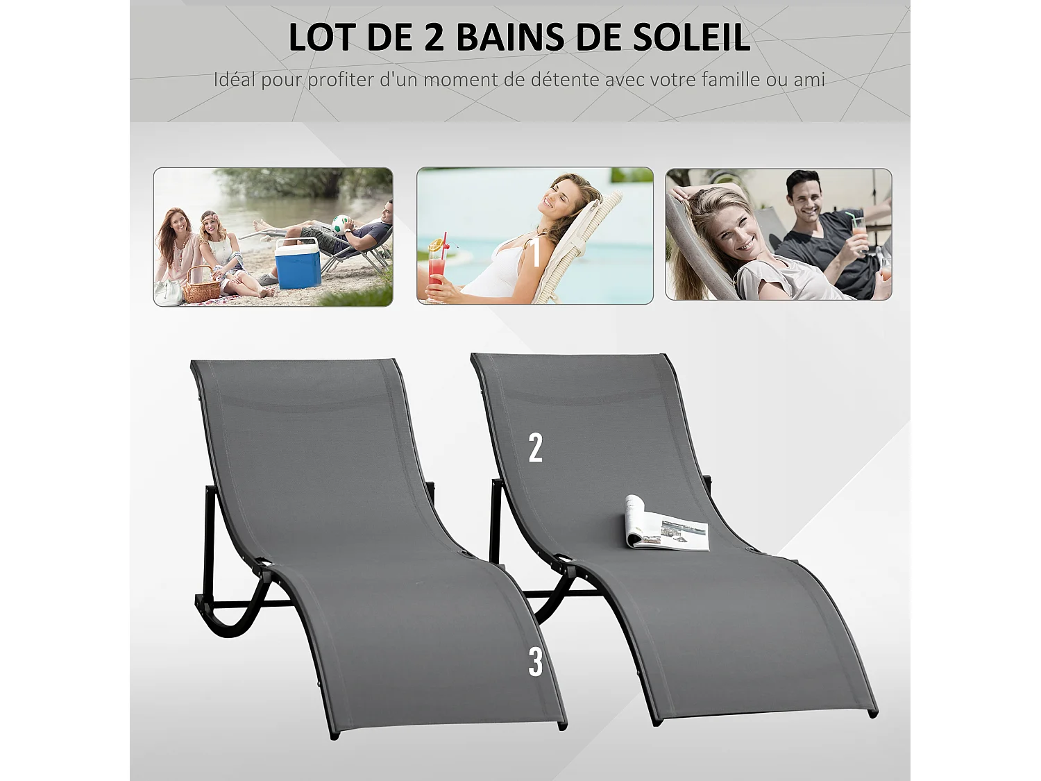 Lot de 2 bains de soleil pliables design contemporain - lot de 2 transats ergonomiques - alu. textilène anthracite