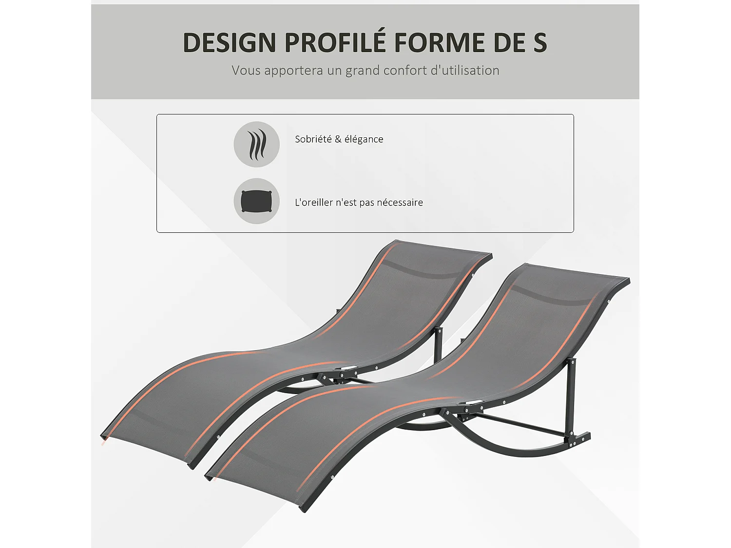 Lot de 2 bains de soleil pliables design contemporain - lot de 2 transats ergonomiques - alu. textilène anthracite