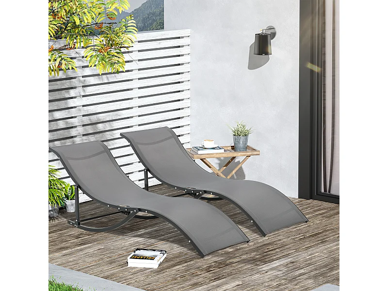 Lot de 2 bains de soleil pliables design contemporain - lot de 2 transats ergonomiques - alu. textilène anthracite