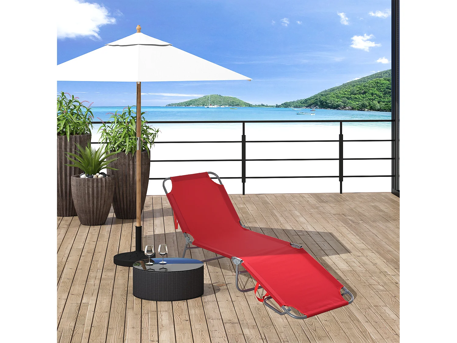Bain de soleil transat pliable dossier réglable multipositions métal et polyester rouge
