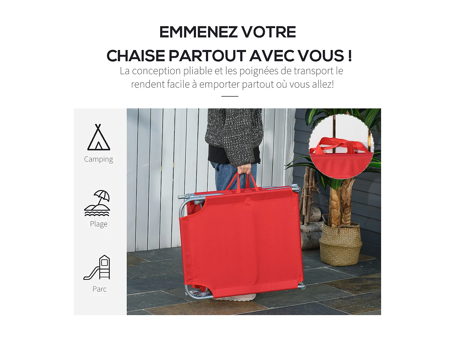 Bain de soleil transat pliable dossier réglable multipositions métal et polyester rouge