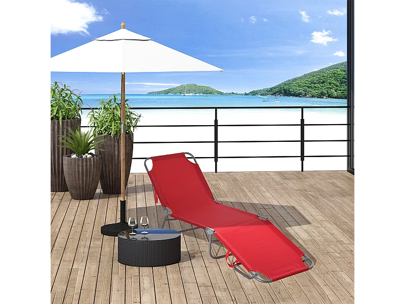 Bain de soleil transat pliable dossier réglable multipositions métal et polyester rouge