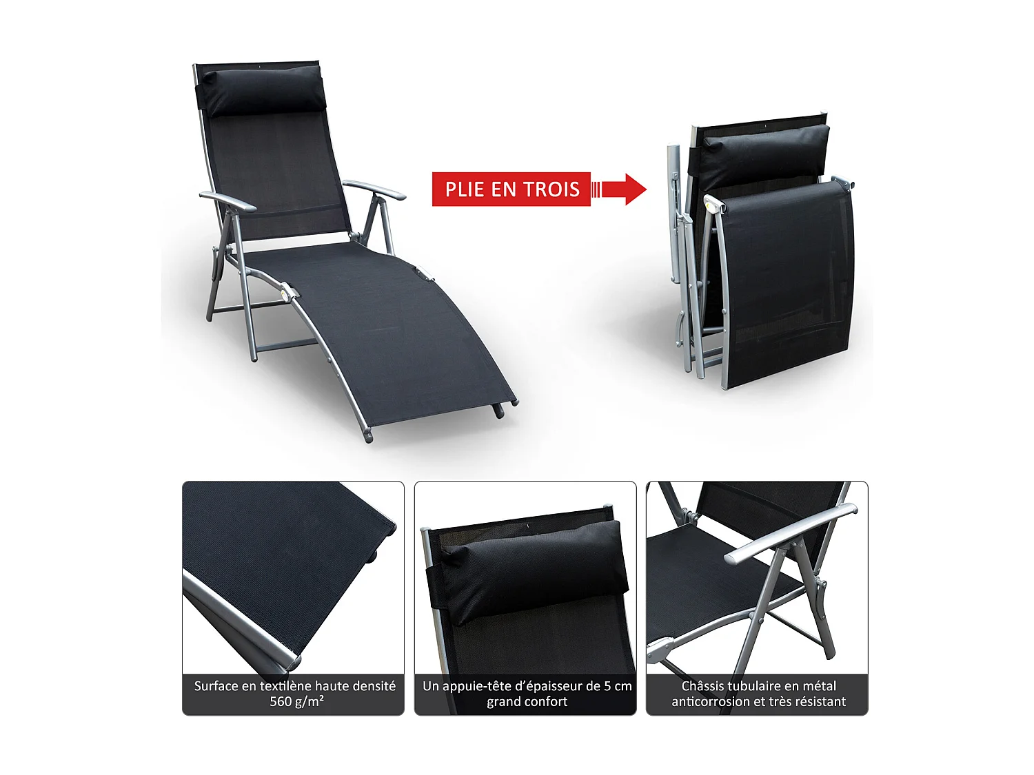 Outsunny transat chaise longue bain de soleil pliable dossier inclinable multi-positions têtière fournie 137L x 64l x 101H cm métal époxy textilène noir