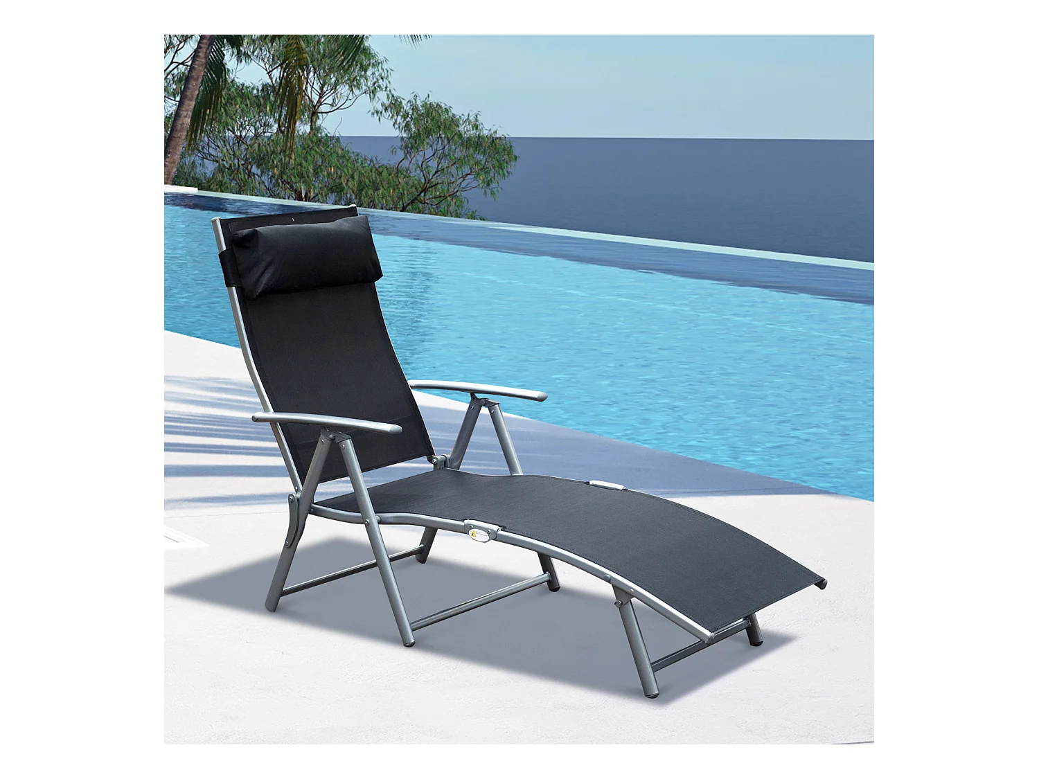 Outsunny transat chaise longue bain de soleil pliable dossier inclinable multi-positions têtière fournie 137L x 64l x 101H cm métal époxy textilène noir
