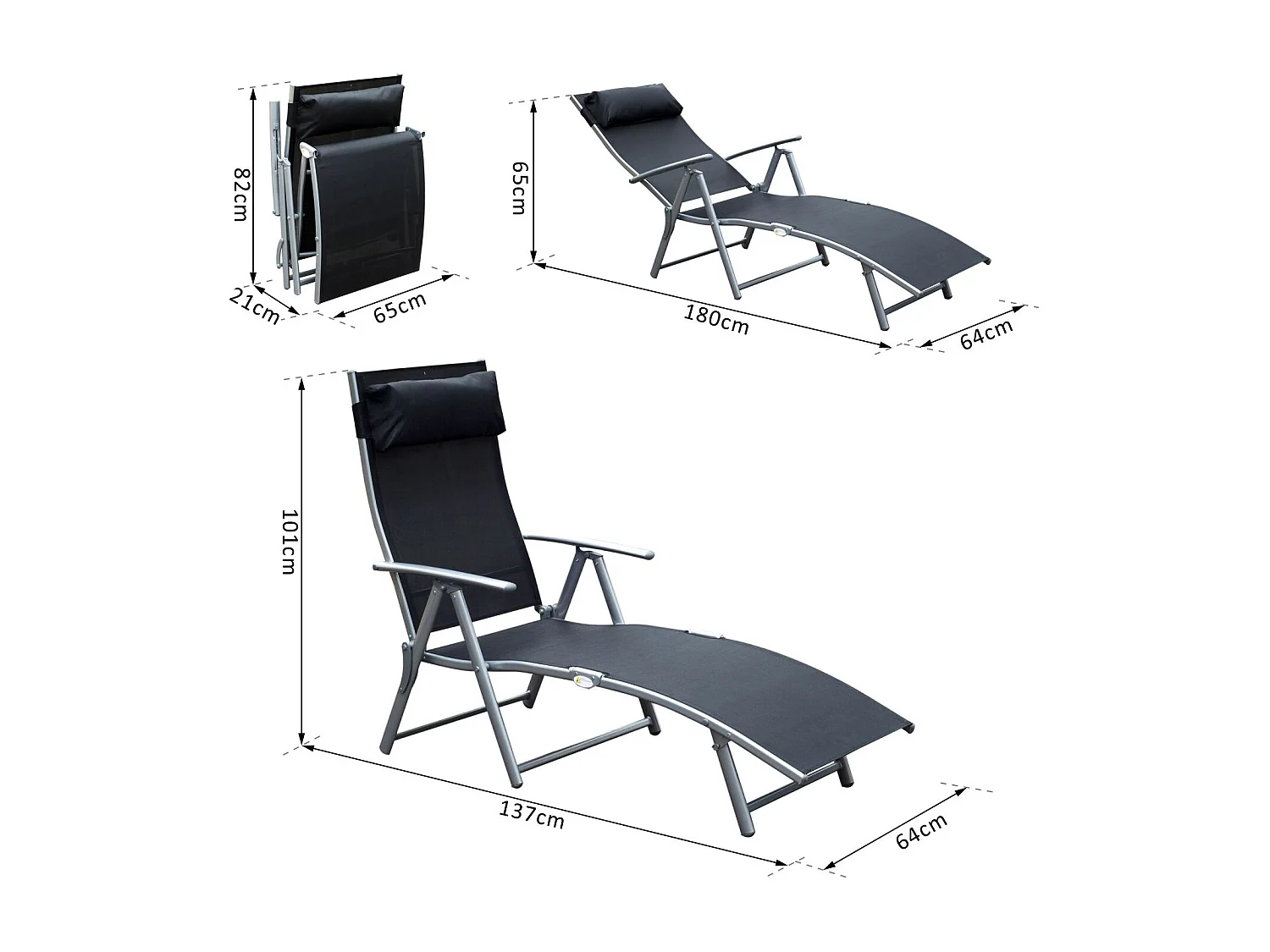 Outsunny transat chaise longue bain de soleil pliable dossier inclinable multi-positions têtière fournie 137L x 64l x 101H cm métal époxy textilène noir