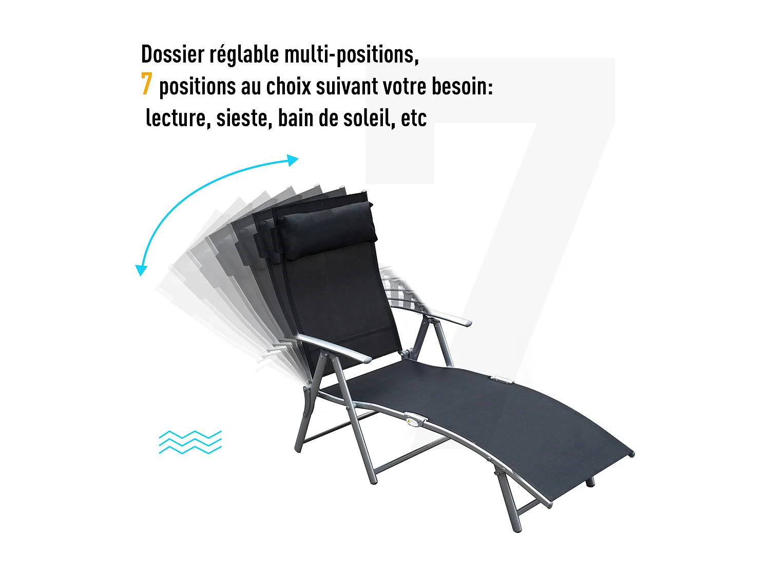 Outsunny transat chaise longue bain de soleil pliable dossier inclinable multi-positions têtière fournie 137L x 64l x 101H cm métal époxy textilène noir