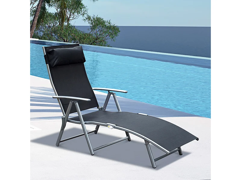 Outsunny transat chaise longue bain de soleil pliable dossier inclinable multi-positions têtière fournie 137L x 64l x 101H cm métal époxy textilène noir
