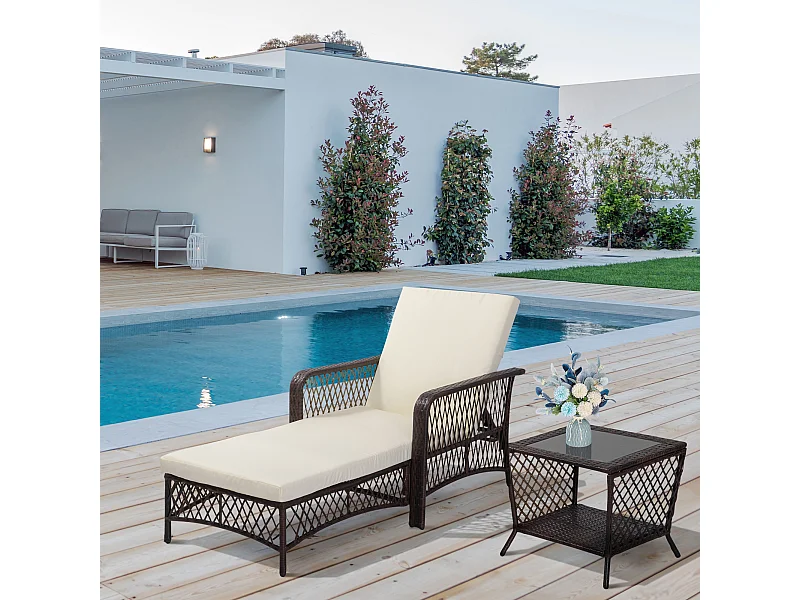 Bain de soleil transat design colonial avec table basse et matelas - dossier inclinable - résine tressée, polyester - marron crème