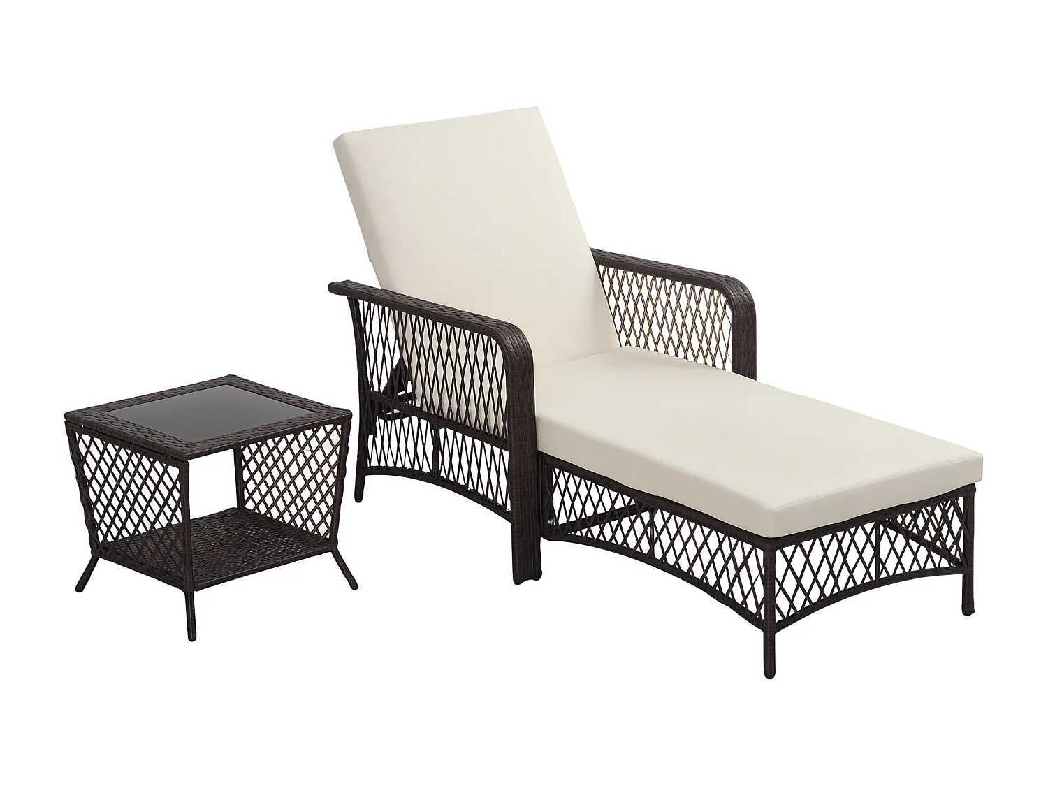 Bain de soleil transat design colonial avec table basse et matelas - dossier inclinable - résine tressée, polyester - marron crème